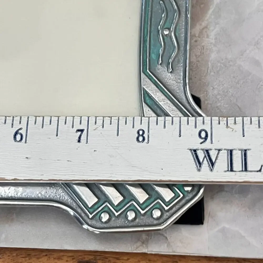 Vintage Silver Toned Picture Frame 4.5 x 6.5 in Aqua Accents Textured Easel Back